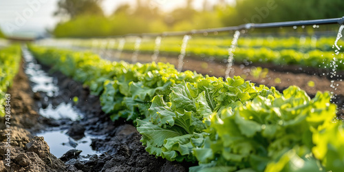 A field irrigation system waters rows of lettuce on farmland photo