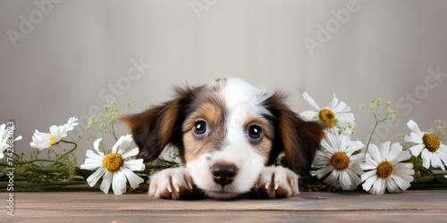 A cute puppy peeks out behind a wooden board decorated with white daisy flowers. photo