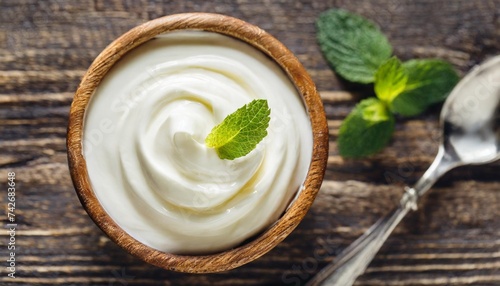 close up of white natural creamy vanilla yogurt top view