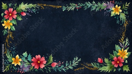 watercolour vintage floral frame of flowers and leaves on dark blue backdrop