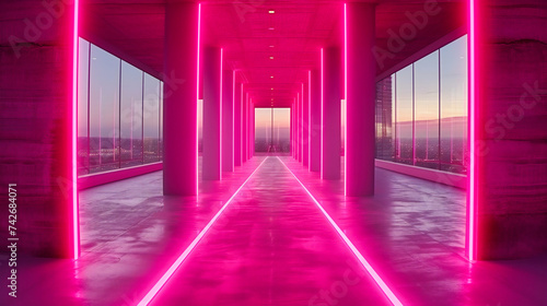 Futuristic Neon Lights Tunnel  A Vibrant Corridor Illuminated with LED Lights  Representing Modern Technology and Design