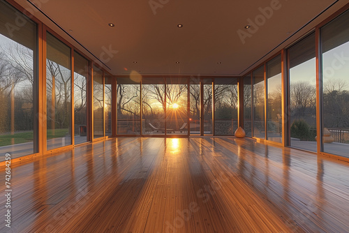 A serene yoga studio with bamboo flooring and floor-to-ceiling windows letting in the soft glow of the setting sun.