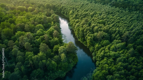 An aerial perspective reveals the intricate patterns of a winding river cutting through the dense foliage of a vibrant forest ecosystem. © Old Man Stocker