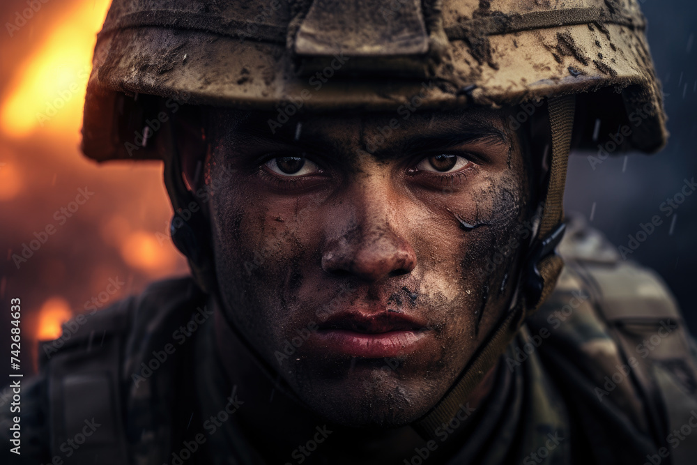 Determined soldier in combat gear with focused expression. Military service and resilience.