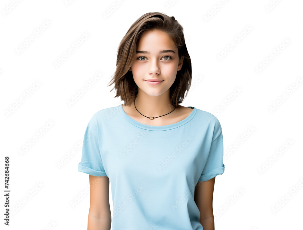 portrait of teenager girl with blue t-shirt, isolated happy young woman portrait of teenager girl with blue t-shirt, isolated happy young woman