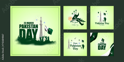 Vector illustration of Pakistan Day social media feed set template