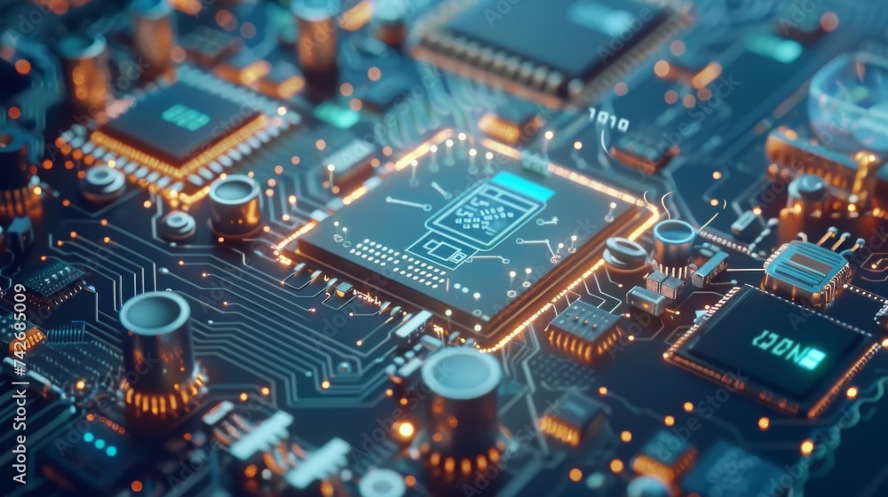 Fototapeta premium Close-up view of a futuristic circuit board with illuminated lines and components, symbolizing high-tech electronics.