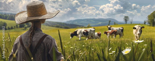 farmer in a hat watches a herd of cows on a green meadow photo