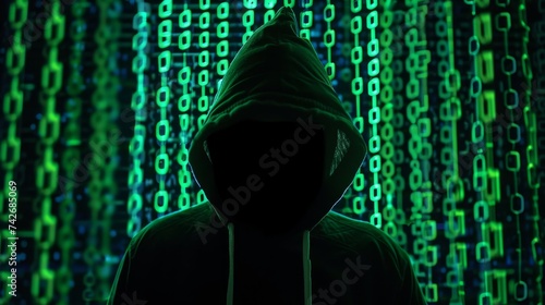 A hooded silhouette stands before a backdrop of streaming green binary code, evoking themes of cybersecurity and digital anonymity.
