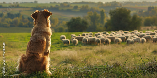 dog on a farm watching a flock of sheep
