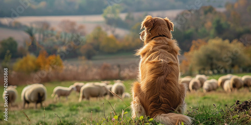 dog on a farm watching a flock of sheep
