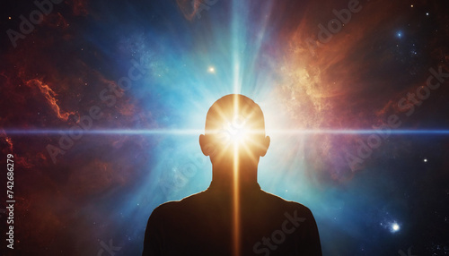 Meditative astral man, colorful metaphor cosmic space, esoterics