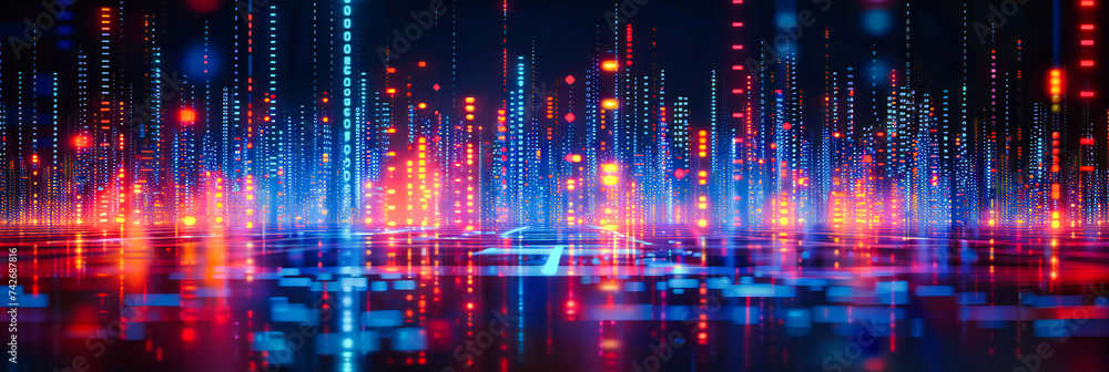 Futuristic city skyline illuminated by digital networks, symbolizing the dynamic interconnection of technology and urban life