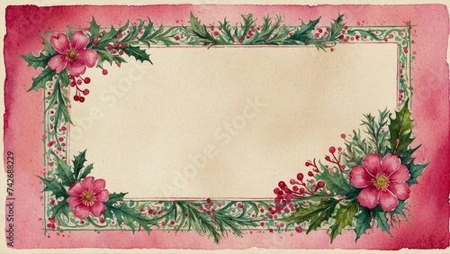 watercolor pink card for invitation or congratulation with bintage flowers border photo