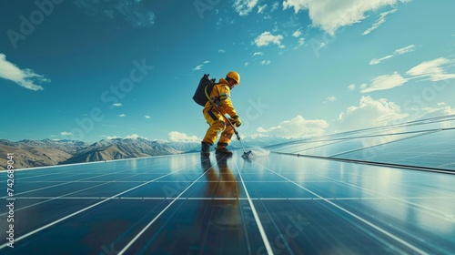 A person wearing safety clothing is cleaning a solar panel with a rotating brush. © Annawet boongurd