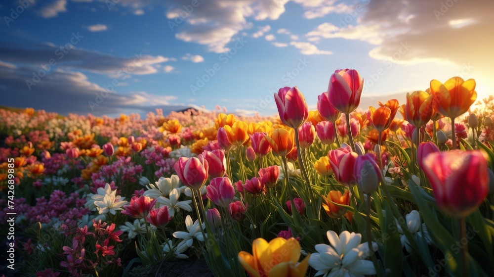 Colorful Flowers in Field Under Blue Sky Colorful Flowers in Field Under Blue Sky
