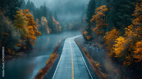 autumn in the mountains 3d image, A car driving through a scenic route with autumn rain