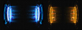 Dynamic Energy Portals in Blue and Orange Hues with Futuristic Glow. Twin energy portals pulsating with a dynamic mix of blue and orange lights, symbolizing futuristic gateways. Magic portals.