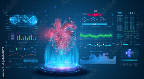 Futuristic Medical Technology with Holographic Heart and Data Analytics. Advanced medical interface with a 3D hologram of a human heart surrounded by vital statistics and health data analytics. Vector