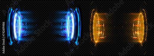 Dynamic Energy Portals in Blue and Orange Hues with Futuristic Glow. Twin energy portals pulsating with a dynamic mix of blue and orange lights, symbolizing futuristic gateways. Magic portals.