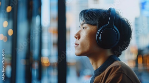 A set of noise-cancelling headphones, designed for optimal sound quality during video conference calls and business trips, asian person photo