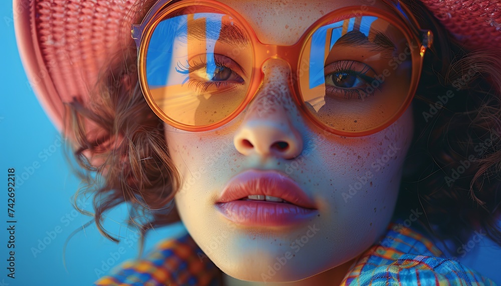a girl in a sunny outfit wearing glasses, in the style of realistic hyper-detailed rendering, macro photography, vibrant imagery, light orange and sky-blue. Generative AI