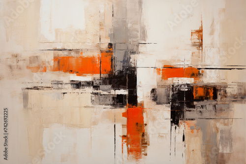 Abstract wall modern art, oil painting, red and beige colors