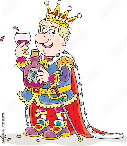 Angry king with a bottle of poison and poisoned wine thinking about methods and means of struggle against his insidious and ruthless competitors in a fairy kingdom, vector cartoon illustration