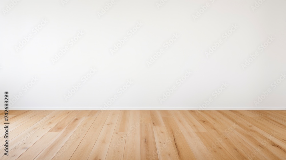 Empty room with wooden floor and white wall.