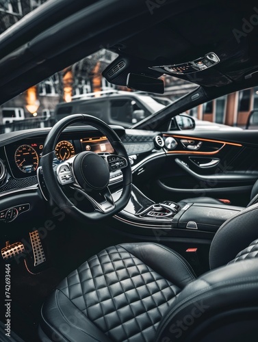 The rich texture of black leather seats inside a luxury car is highlighted by intricate patterns and elegant contours. The overall design speaks to comfort and high-end craftsmanship.