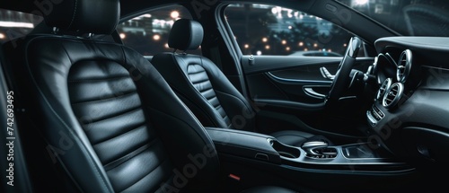 This wide-angle shot captures the expansive cockpit of a luxury car, highlighting the harmonious blend of technology and design in the black leather interior. The attention to detail.