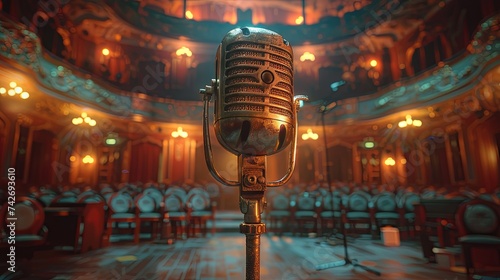 a microphone in a theatre with audience in front, in the style of photorealistic compositions, poster. Generative AI.