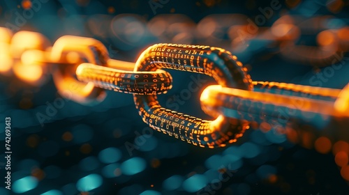 A close-up view of a chain illuminated with an orange glow, giving it an ethereal and digital appearance. An illustration of a blockchain network.