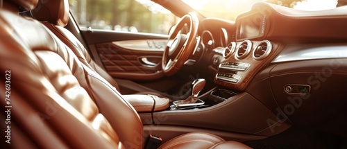 A luxurious car interior bathed in the golden glow of sunset. The rich brown leather and intricate seat design evoke a sense of warmth and refinement. © Artsaba Family