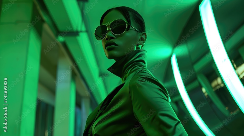 Fashion  woman wearing a coat and sunglasses in green tones