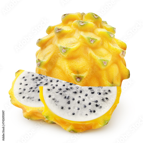 Isolated dragonfruit. Whole and two pieces of yellow pitahaya fruit isolated on white background with clipping path
