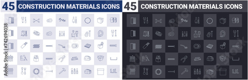 Vector Set of 45 outline construction materials icons: fencing, mesh, wire, mounting wrench, self-tapping screws, mounting tapes, screwdriver, greenhouse. Thin icons for web design, mobile app.