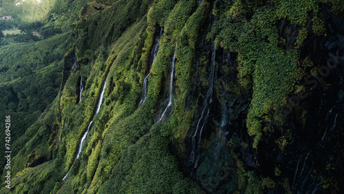 Azores landscape with waterfalls and cliffs in Flores island. Portugal.