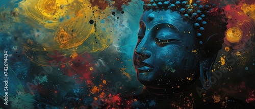 Buddha face on colorful grunge background