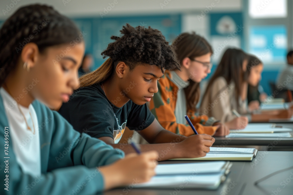 Concentrated students taking notes in classroom setting. Academic environment. Concentrated students taking notes in classroom setting. Academic environment.
