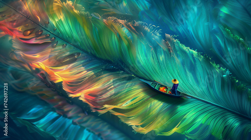 Boatman floating inside a multicolored sheet, abstract. photo