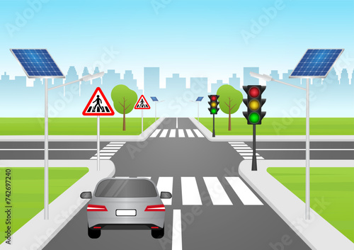 Car Stop at Crosswalk with Traffic Light in the City. Pedestrian Crossing Road. Zebra Crossing. Vector Illustration. 