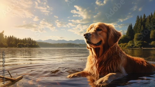 fetch dog at lake photo