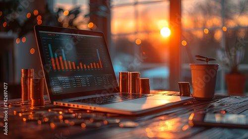 an oak wood table top with stacks of coins, white laptop, graph and graphs, in the style of bokeh, large canvas format, dark orange and bronze. Generative AI