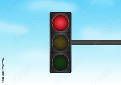 Traffic Light with Red Light against Blue Sky. Vector Illustration. 