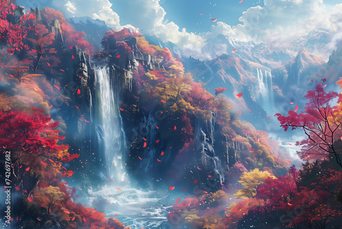 A majestic waterfall cascading down into a hidden valley, surrounded by vibrant autumn foliage. Generative AI © Mandeep