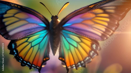 Bright butterfly gracefully resting on a vibrant flower in a garden, displaying its delicate wings in a close-up shot photo