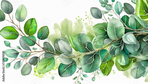 Watercolor green floral banner with silver dollar eucalyptus leaves and branches isolated on white background. photo