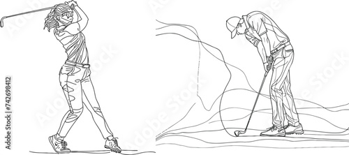 One single line drawing of young sporty golf player hit the ball using golf club vector graphic illustration