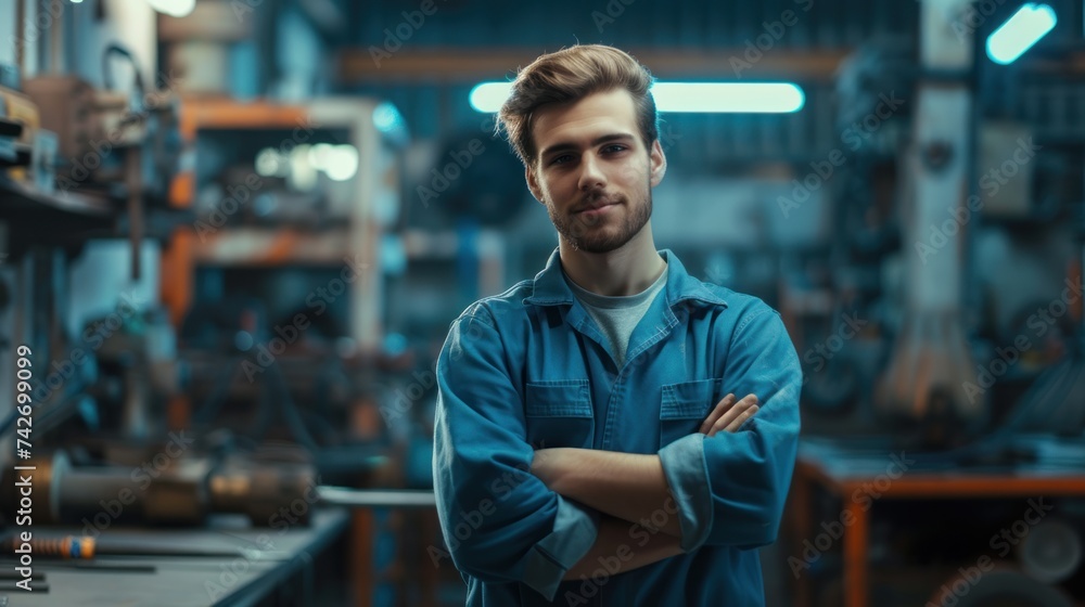 Confident young man mechanic in a blue overalls standing proudly in an industrial workshop, with arms crossed, smiling, Confident young man mechanic in a blue overalls standing proudly in an industrial workshop, with arms crossed, smiling,